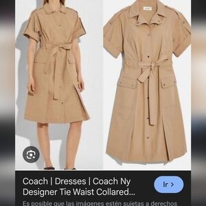 Coach Tan Tie-Waist Collared Midi Dress